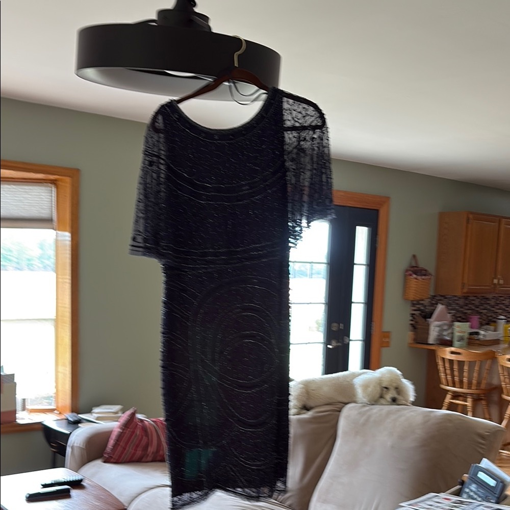 Adrianna Papell Beaded Navy Blue  Midi Sheath Dress.
